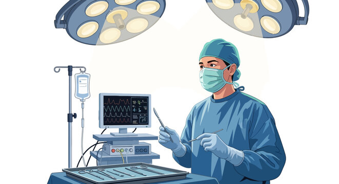 Surgeon in sterile operating room with medical equipment.