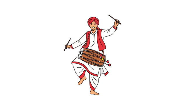 Traditional Indian dancer performing Raas Garba with sticks dandiyas dressed in white and red attire turban joyful energetic folk dance colorful outfit dynamic movement cultural celebration