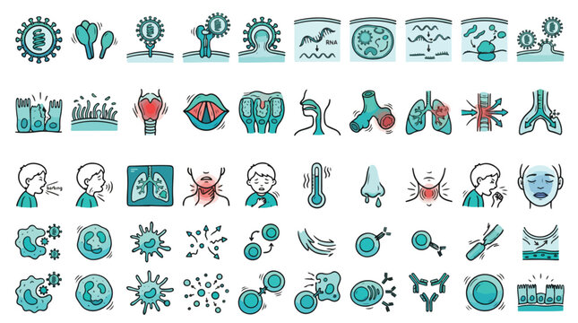 Respiratory Infection Icon Set in Hand-Drawn Style. A collection of medical Linear Icons, including virus, lungs, cough, inflammation, fever, immune system, cell, and more. Editable Stroke.