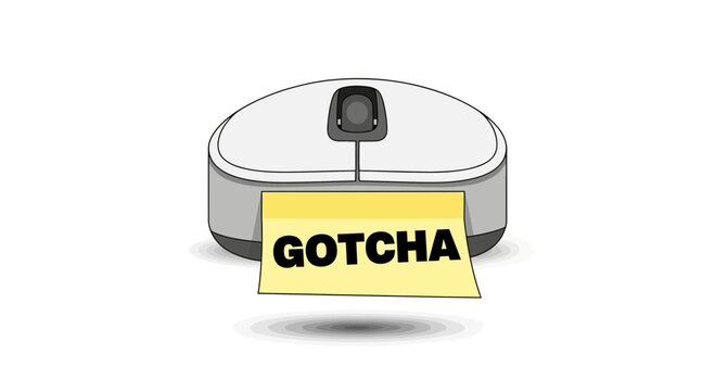 Computer Mouse Device with Yellow Sticky Note Message Symbolizing Unexpected Discovery or Trap Concept Isolated on White