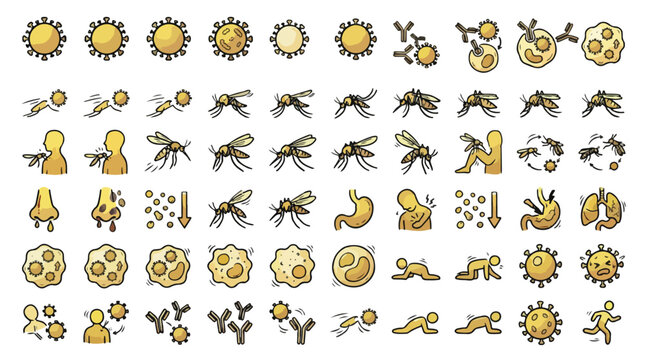 Dengue Fever Icon Set in Sketched Style. A collection of health icons, including mosquito, virus, fever, antibody, sickness, immune, biting, blood, symptom, malaria