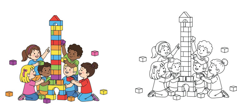 Diverse Kids Building Block Tower Together Vector Illustration, Children Teamwork and Cooperation Concept with Coloring Book Page and Colored Version for School Activity (172 characters)