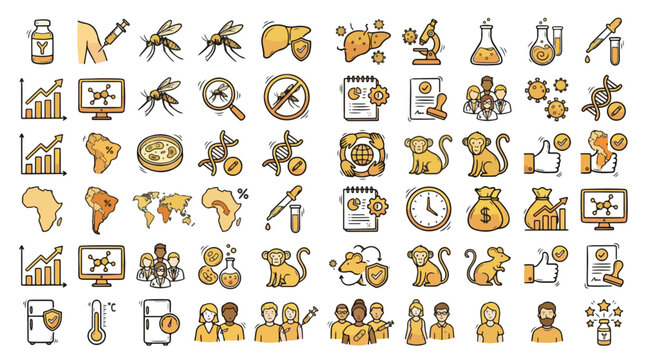 Infectious Disease Research Icons in Hand-drawn Style. A collection of linear icons including mosquito, syringe, liver, virus, DNA, monkey, mouse, microscope, globe, vaccine