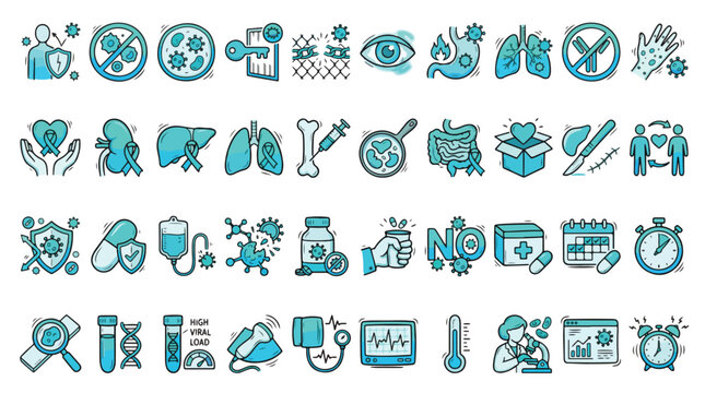 Viral Infection and Medical Icon Set in Hand-Drawn Style. A collection of Health Linear Icons, Including virus, immune system, liver, lungs, kidney, pills, DNA, viral load