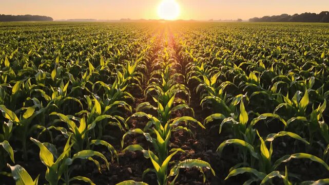 Golden sun rays illuminate vibrant young corn plants thriving in a vast field for special earth day.