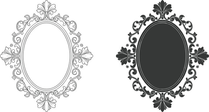 Set of two vintage baroque oval frames featuring ornate filigree scrollwork in black line art and solid silhouette vector designs.
