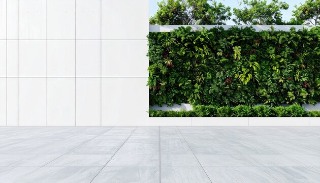 Abstract architecture background, White Concrete Wall With Vertical Tree Garden on empty concrete floor