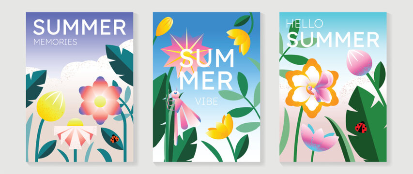 Summer floral poster vector set with blooming flowers, tulip buds, dragonfly, butterfly, ladybugs and botanical leaves on pastel nature backgrounds. Cheerful seasonal wall art design for poster, print