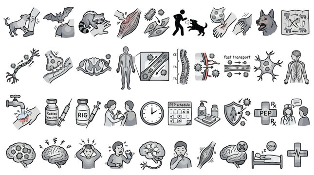 Rabies Infection and PEP Set in Line Style. A collection of Rabies Linear Icons, Including animal bites, virus transmission, vaccination, spinal cord, brain symptoms, doctors