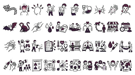 Ebola Symptoms and Prevention Icon Set in Linear Style. A collection of Ebola Disease Linear Icons, including fever, headache, bat, monkey, mask, vaccine, chart, and more. Editable Stroke. © Ai