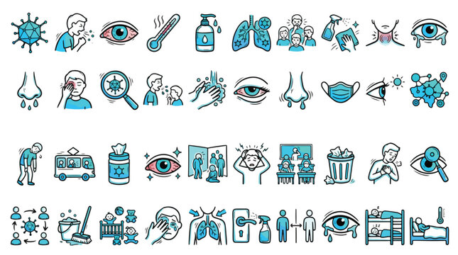 Virus and Flu Symptoms Icon Set in Doodle Style. A collection of health Linear Icons, Including coughing, fever, red eye, lung, mask, sanitizer, hygiene, social distance, and more. Vector.