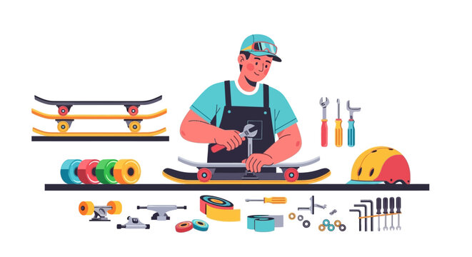 Skateboarder fixing skateboard with tools and parts.