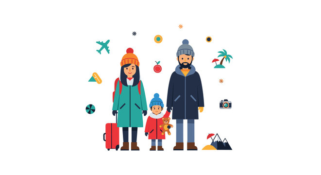 A family of three in winter clothes stands with travel icons on a white background.