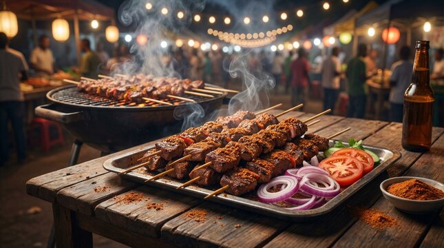 Suya skewers grilling at night street food market with barbecue meat