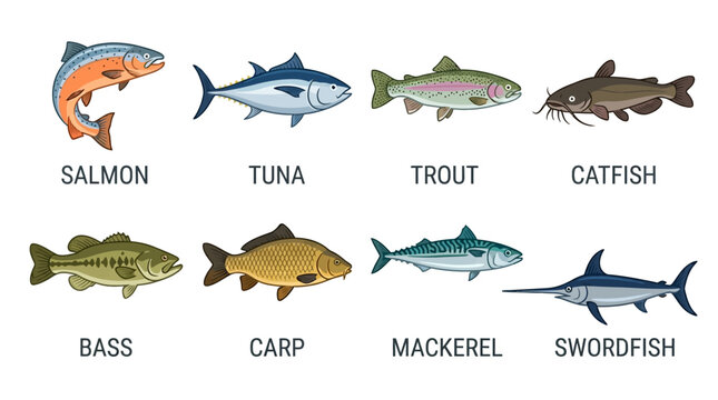 Vector illustration of various fish species including salmon, tuna, trout, catfish, bass, carp, mackerel, and swordfish in a clean aquatic environment from a side viewpoint.