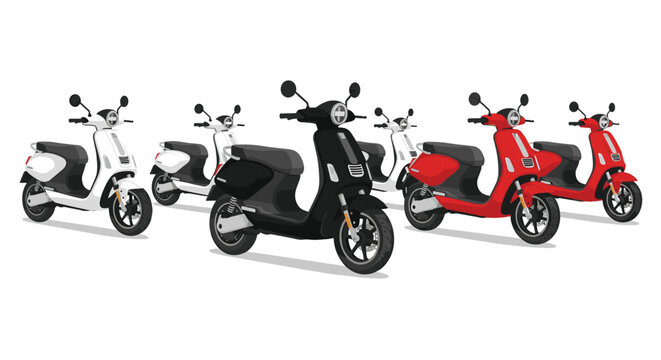 Six electric scooters in white, black, and red colors are parked in a staggered formation on a white background.