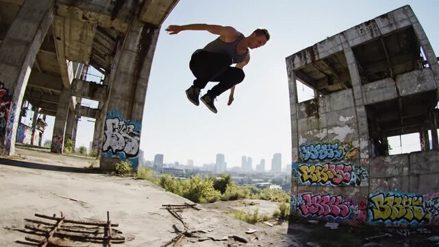 Athlete performs parkour jump on abandoned building overlooking city