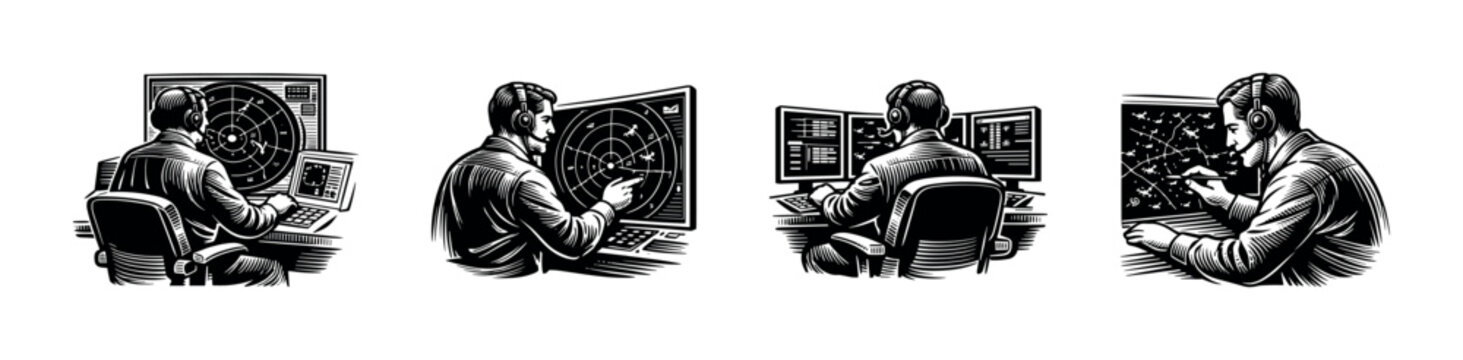 Black and white vector illustration of radar operators at control stations in silhouette style