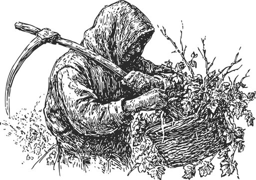 Medieval peasant harvesting crops with scythe, basket full of plants, rustic agricultural work