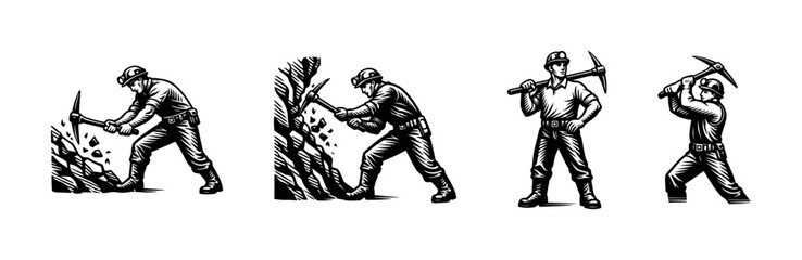 Naklejka premium Black and white coal miner illustrations, worker with pickaxe, detailed vector clipart set