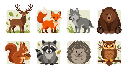 Fototapeta premium Vector illustrations of forest animals in a natural setting with wildlife creatures.