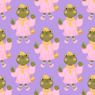 Seamless repeating pattern with a fashionable frog in a pink dress holding a handbag and smartphone on a lilac background. Cute, playful design for wrapping paper, cards and textiles.