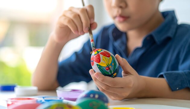 Ni&ntilde;o decorando huevo de colores con pincel en actividad creativa