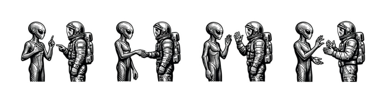 Black and white vector illustration of alien and astronaut interaction silhouette