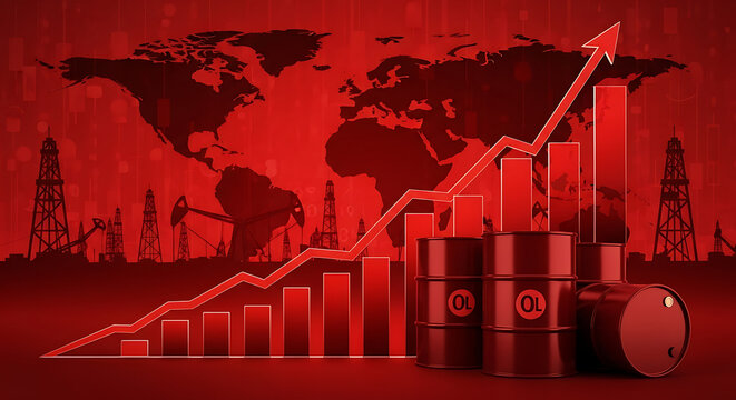 Global crude oil prices rising market trend graph with oil barrels and world map concept.