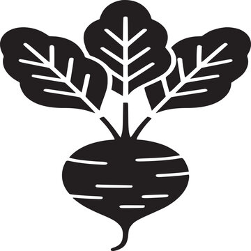 A black silhouette of a beet with leaves on a white background in a simple vector style