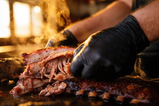 Black-gloved hands pull apart smoked ribs in a cloud of golden smoke