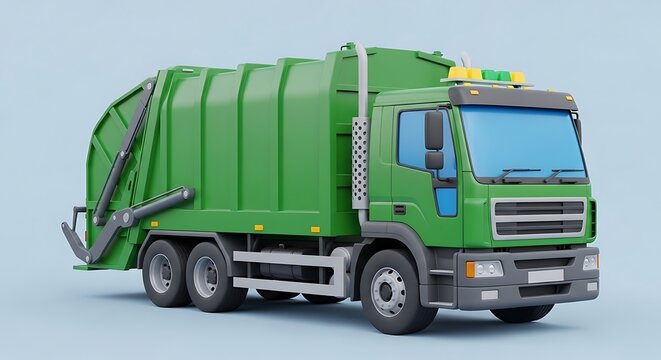 A Green Garbage Truck With A Large Dumpster On The Back Is Parked On A Light Blue Background