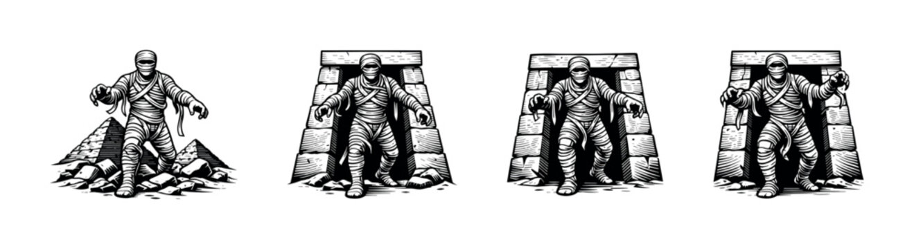 Mummy illustration vector, egyptian mummy silhouette, black and white, clipart design