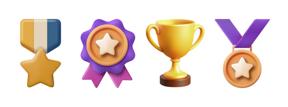 3D Awards and Achievement Icons Set, Vector Illustration