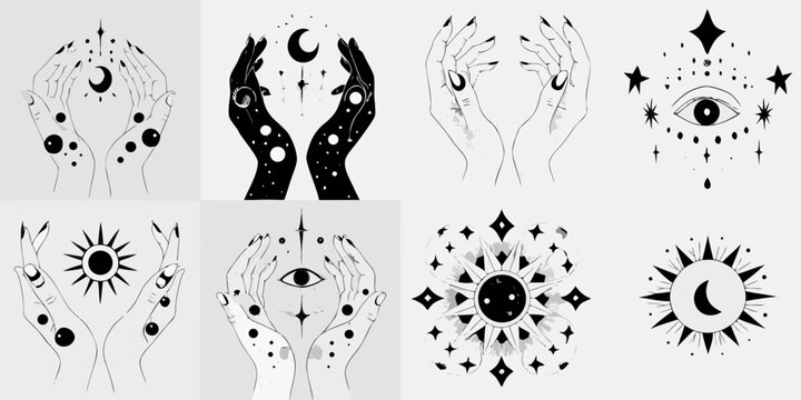 Mystical hands holding celestial bodies and symbolic eyes in black and white