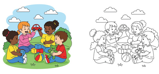Obraz premium Diverse Children Playing with Toys Outdoors in the Park Vector Illustration and Coloring Book Page for Kids, Multicultural Group of Friends Sharing Toys Childhood Education Concept (188 Characters)
