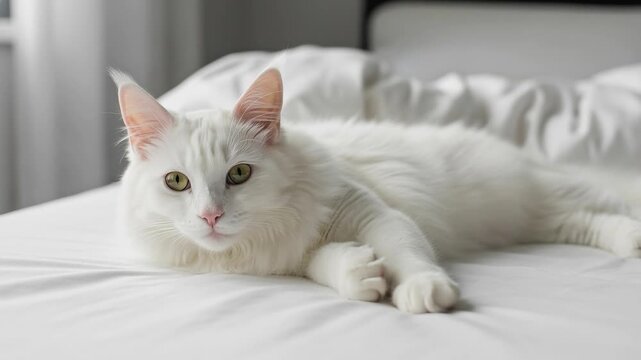 Serene Cat in Repose: A pristine white cat lounges gracefully, embracing the comfort and tranquility of its surroundings. Capturing a moment of pure relaxation and contentment.