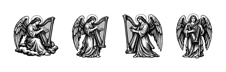 Obraz premium Black and white angel illustrations with harps silhouette vector art