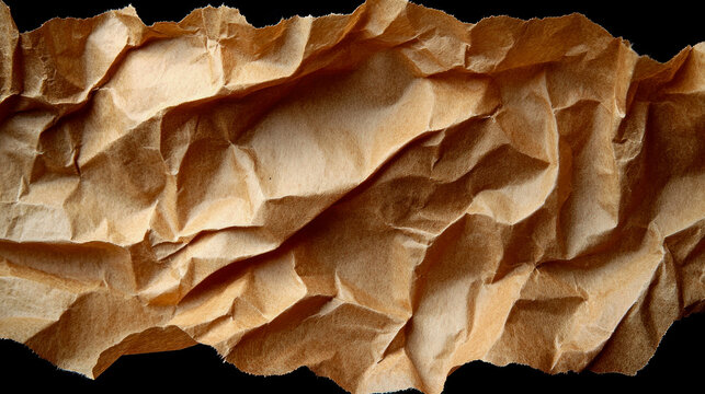 Close-up macro photograph capturing intricate texture and deep shadows of crumpled brown paper, showcasing its rugged surface and irregular folds against stark black background, creating visually stri