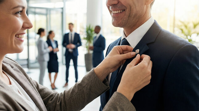 Woman pinning badge on smiling businessman at event