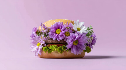 Obraz premium Creative burger showcasing fresh flowers, representing innovation in culinary art and imaginative food preparation