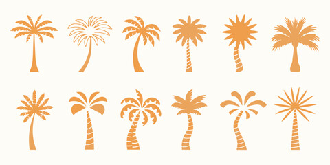 Collection of orange silhouette palm trees in varying shapes and sizes © Partha