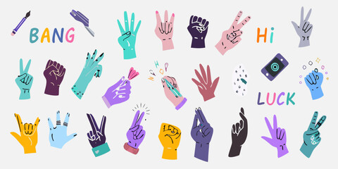 Colorful illustration of hands making various gestures and playful typography © Partha