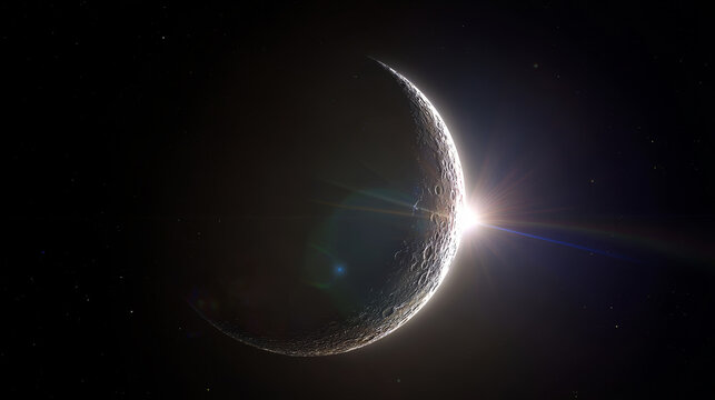 Crescent moon rising and glowing with sun flare in deep black starry space, showing detailed lunar surface craters near terminator