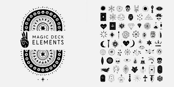 Black and white illustration of magic deck elements and mystical symbols