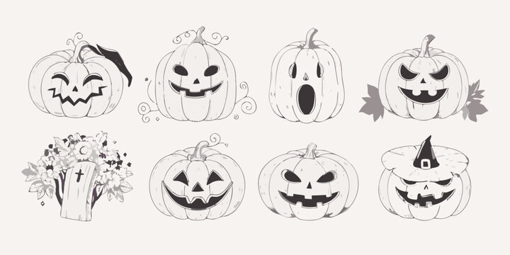A collection of hand drawn halloween pumpkins and spooky autumnal elements