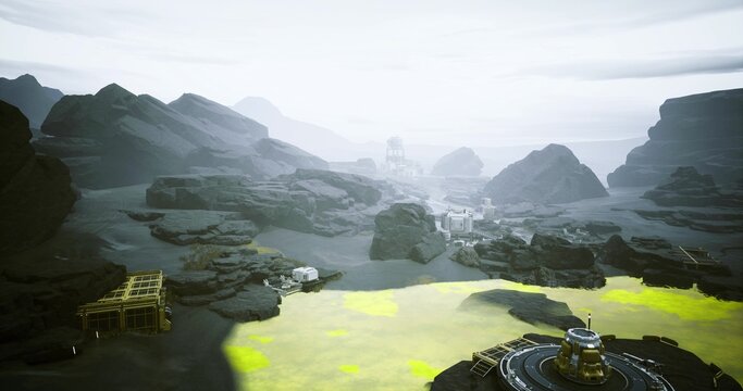 Neon pool energy test site with generators and containment modules, luminescent waters and magnetic coils create surreal glow, engineers running prototypes