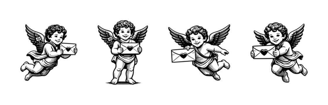 Vintage angel cherubs holding love letters illustration black and white vector art