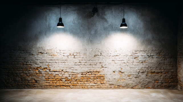 Empty room featuring a raw brick wall partially covered in concrete, with two industrial lamps illuminating the rough surface