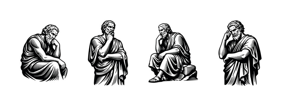 Black and white silhouette of thinking philosophers in classic pose illustration